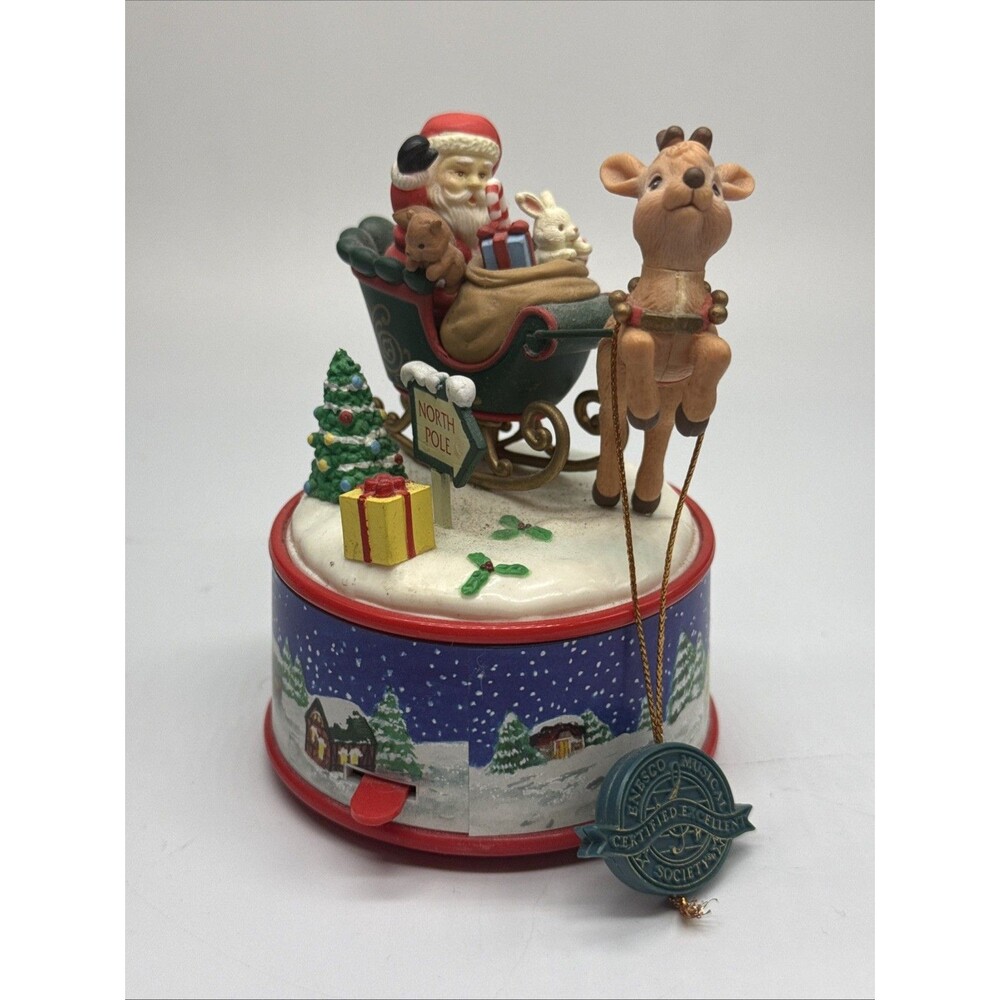 Enesco Santa's Midnight Flight Musical Rotating Music Box Santa Sleigh Reindeer